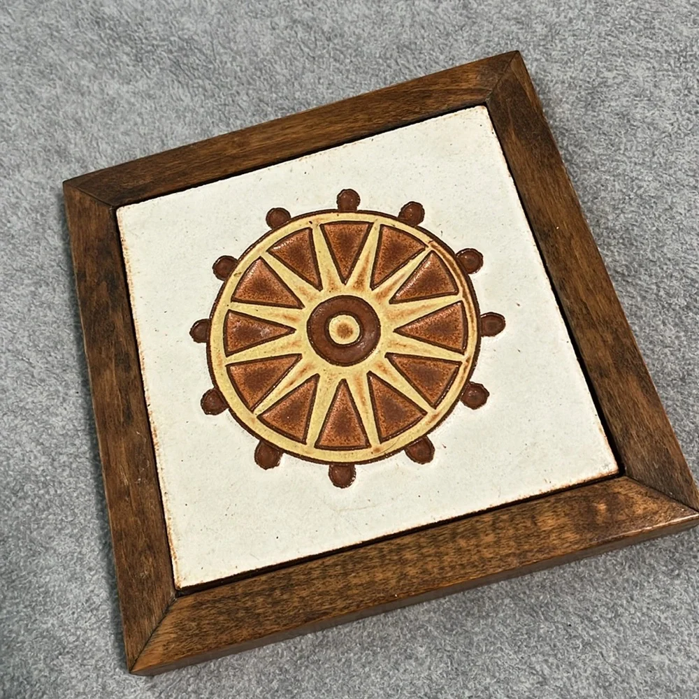 Wall Tile Decor T.J. Crafts Boho Rustic Farmhouse Ceramic Wood Frame